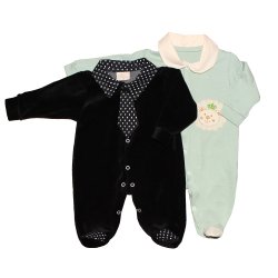 Kit Macacão Longo de Bebê Preto Plush e Verde Malha Kit Macacão Longo de Bebê Preto Plush e Verde Malha