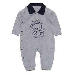 Macacão Longo de Bebê Ursinho Coroa Cinza Malha Macacão Longo de Bebê Ursinho Coroa Cinza Malha