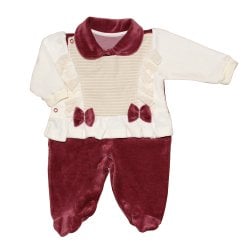 Macacão Longo de Bebê Renda Palha e Bordô Plush Macacão Longo de Bebê Renda Palha e Bordô Plush