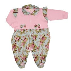 Macacão Longo de Bebê Ane Rosa com Floral Malha Macacão Longo de Bebê Ane Rosa com Floral Malha