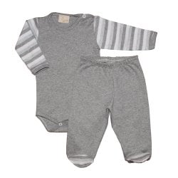 Kit Body e Mijão de Bebê Cinza com Listrado Malha Kit Body e Mijão de Bebê Cinza com Listrado Malha