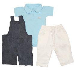 Kit Jardineira de Bebê, Body Azul e Calça Branca Kit Jardineira de Bebê, Body Azul e Calça Branca