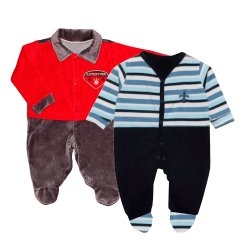 Kit Macacão Longo de Bebê Vermelho Plush e Marinho Malha Kit Macacão Longo de Bebê Vermelho Plush e Marinho Malha