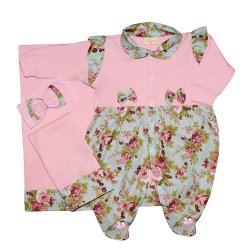 Saída de Maternidade Ane Floral com Rosa Malha 4 Peças Saída de Maternidade Ane Floral com Rosa Malha 4 Peças