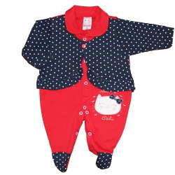 Macacão Longo de Bebê Cat Vermelho com Poá Marinho Malha Macacão Longo de Bebê Cat Vermelho com Poá Marinho Malha