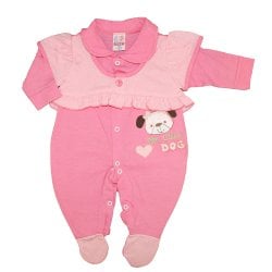 Macacão Longo de Bebê Love Dog Rosa Malha Macacão Longo de Bebê Love Dog Rosa Malha