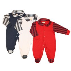 Kit Macacão Longo de Bebê Listrado Malha 3 Peças Kit Macacão Longo de Bebê Listrado Malha 3 Peças