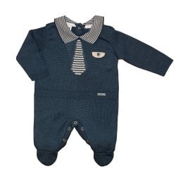 Macacão Longo de Bebê Gravata Azul Escuro Tricot Macacão Longo de Bebê Gravata Azul Escuro Tricot