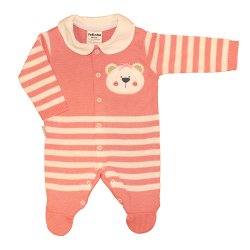 Macacão Longo de Bebê Ursa Nina Rosa Listrado Tricot Macacão Longo de Bebê Ursa Nina Rosa Listrado Tricot