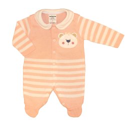 Macacão Longo de Bebê Ursa Nina Salmão Listrado Tricot Macacão Longo de Bebê Ursa Nina Salmão Listrado Tricot