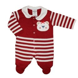 Macacão Longo de Bebê Ursa Nina Vermelho Listrado Tricot Macacão Longo de Bebê Ursa Nina Vermelho Listrado Tricot