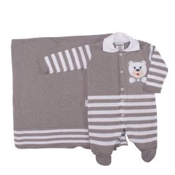 Saída de Maternidade Urso Nino Cinza Listrado Tricot 2 Peças Saída de Maternidade Urso Nino Cinza Listrado Tricot 2 Peças