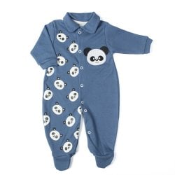 Macacão Longo de Bebê Panda Azul Malha Macacão Longo de Bebê Panda Azul Malha
