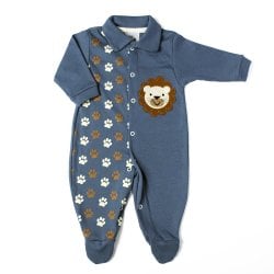 Macacão Longo de Bebê Leão Azul Malha Macacão Longo de Bebê Leão Azul Malha
