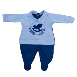 Macacão Longo de Bebê Cavalinho Azul Marinho com Cinza Malha Macacão Longo de Bebê Cavalinho Azul Marinho com Cinza Malha