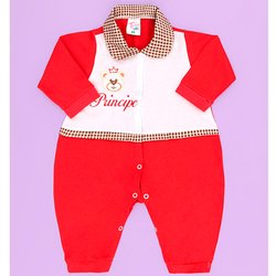 Macacão de Bebê Menino Príncipe Urso Vermelho Manga Longa Macacão de Bebê Menino Príncipe Urso Vermelho Manga Longa