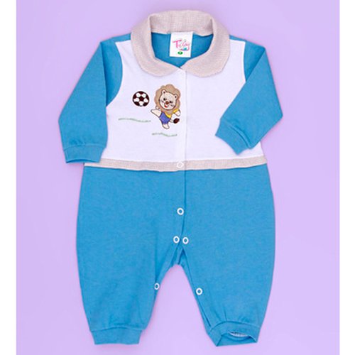 Macacão de Bebê Menino Leãozinho Futebol Azul Manga Longa
