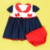 Vestido Bonequinha Poá Azul Marinho - Vermelho e Calcinha Bebê Menina 02 Peças