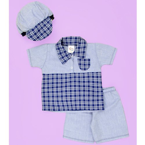 Conjunto Baby Camisa - Bermuda - Boné Xadrez Azul Bebê Menino