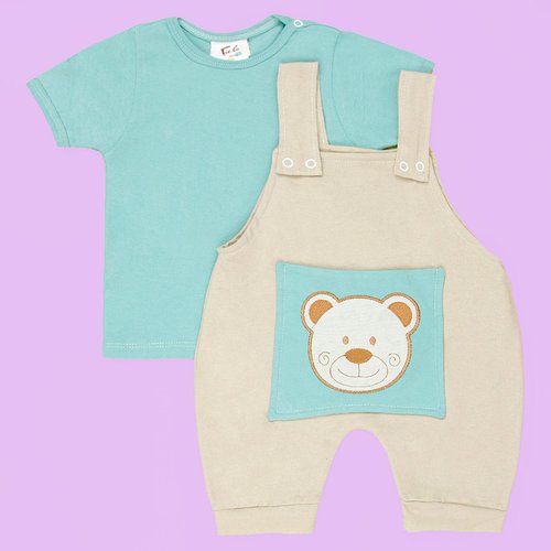 Conjunto Urso Baby Macacão - Camiseta Bege - Verde Água Enxoval Bebê Menino