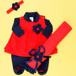 Saída de Maternidade Bonequinha Azul - Vermelho Bebê Menina 04 Peças Saída de Maternidade Bonequinha Azul - Vermelho Bebê Menina 04 Peças