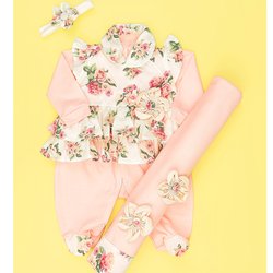 Saída de Maternidade Valentina Floral Salmon Menina 4 Peças Saída de Maternidade Valentina Floral Salmon Menina 4 Peças