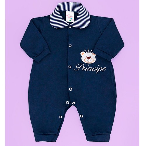 Macacão Manga Longa Príncipe Urso Azul Marinho Para Bebê Menino - RN