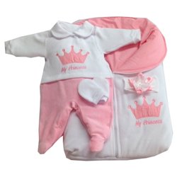 Saída de Maternidade Princess Menina Branco - Rosa Suedine Saída de Maternidade Princess Menina Branco - Rosa Suedine