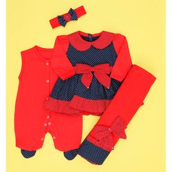 Saída de Maternidade Poazinho Vermelho - Azul Menina 4 Peças Saída de Maternidade Poazinho Vermelho - Azul Menina 4 Peças