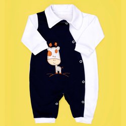 Macacão de Bebê Menino Girafa Azul Marinho - Branco Manga Longa Macacão de Bebê Menino Girafa Azul Marinho - Branco Manga Longa