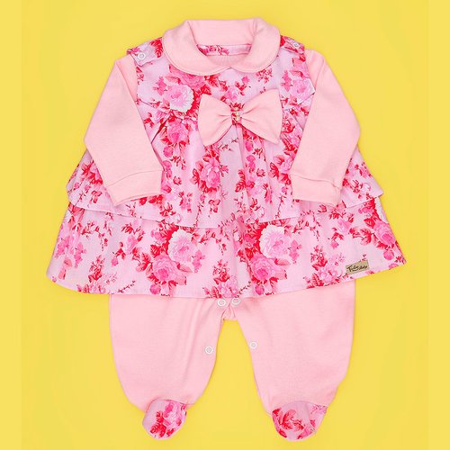 Macacão de Bebê Manga Longa Mais Vestido Flor Rosa 2 Peças