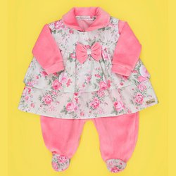 Macacão de Bebê Manga Longa Plush Mais Vestido Babadinho 2 Peças Macacão de Bebê Manga Longa Plush Mais Vestido Babadinho 2 Peças