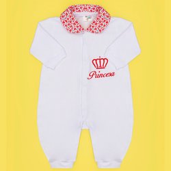 Macacão de Bebê Menina Princesa Branco Floral Vermelho Manga Longa Macacão de Bebê Menina Princesa Branco Floral Vermelho Manga Longa