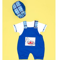 Jardineira + Camiseta + Boné de Bebê Carrinho Azul 3 Peças Jardineira + Camiseta + Boné de Bebê Carrinho Azul 3 Peças