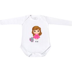 Body Para Bebê Menina Princesa Branco Manga Longa - M Body Para Bebê Menina Princesa Branco Manga Longa - M