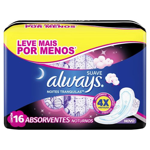 ABSORVENTE ALWAYS NOITES TRANQUI SUAVE C/ABAS 16UN ABSORVENTE ALWAYS NOITES TRANQUI SUAVE C/ABAS 16UN