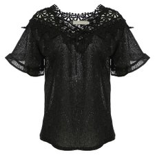 Blusa Manga Curta Rendada com Tachas e Glitter Blusa Manga Curta Rendada com Tachas e Glitter