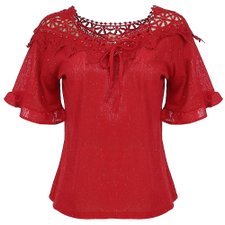 Blusa Manga Curta Rendada com Tachas e Glitter Blusa Manga Curta Rendada com Tachas e Glitter