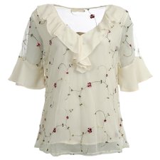 Blusa Tule com Manga Flare e Babado na Gola com Renda Floral Bordada Blusa Tule com Manga Flare e Babado na Gola com Renda Floral Bordada