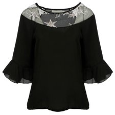 Blusa Meia Manga Com Tule E Bordados Star Na Gola Blusa Meia Manga Com Tule E Bordados Star Na Gola