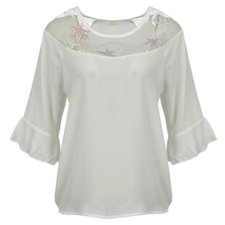Blusa Meia Manga Com Tule E Bordados Star Na Gola Blusa Meia Manga Com Tule E Bordados Star Na Gola
