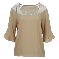 Blusa Meia Manga Com Tule E Bordados Star Na Gola Blusa Meia Manga Com Tule E Bordados Star Na Gola