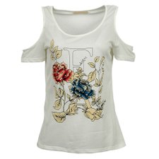 Blusa Estampada Com Pedrarias E Ombro Vazado Blusa Estampada Com Pedrarias E Ombro Vazado