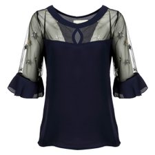 Blusa Meia Manga Com Tule E Bordado Blusa Meia Manga Com Tule E Bordado