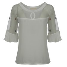 Blusa Meia Manga Com Tule E Bordado Blusa Meia Manga Com Tule E Bordado