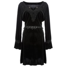 Vestido de Veludo Molhado Rendado Com Manga Flare e Pingente Vestido de Veludo Molhado Rendado Com Manga Flare e Pingente