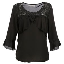 Blusa Flare Meio Transparente Com Rendas e Babados Blusa Flare Meio Transparente Com Rendas e Babados