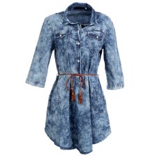 Vestido Jeans Manchado Com Bolsos Frontais Vestido Jeans Manchado Com Bolsos Frontais