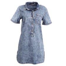 Vestido Jeans Com Manga Dobrada E Bolso Frontal Vestido Jeans Com Manga Dobrada E Bolso Frontal
