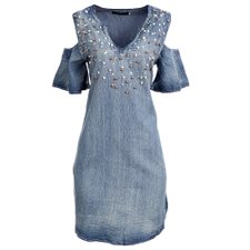 Vestido Jeans Bordado Com Pérolas E Strass Vestido Jeans Bordado Com Pérolas E Strass